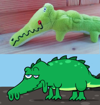 Lógó szájú krokodil - plüss és rajzfilm figura